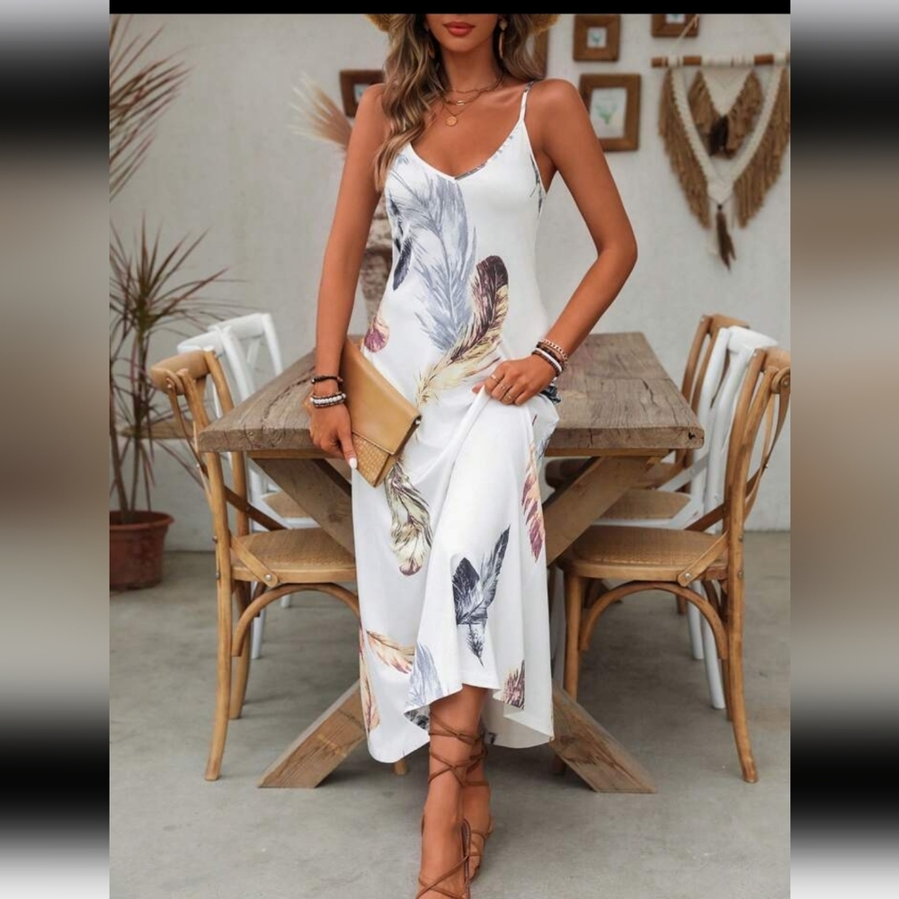 NEW‼️Elegant Feather Print Maxi Summer Dress M - Picture 4 of 10